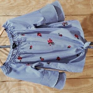 Alyx Blue White Floral Applique Stripe Bell Sleeve Tie Front Top Size M